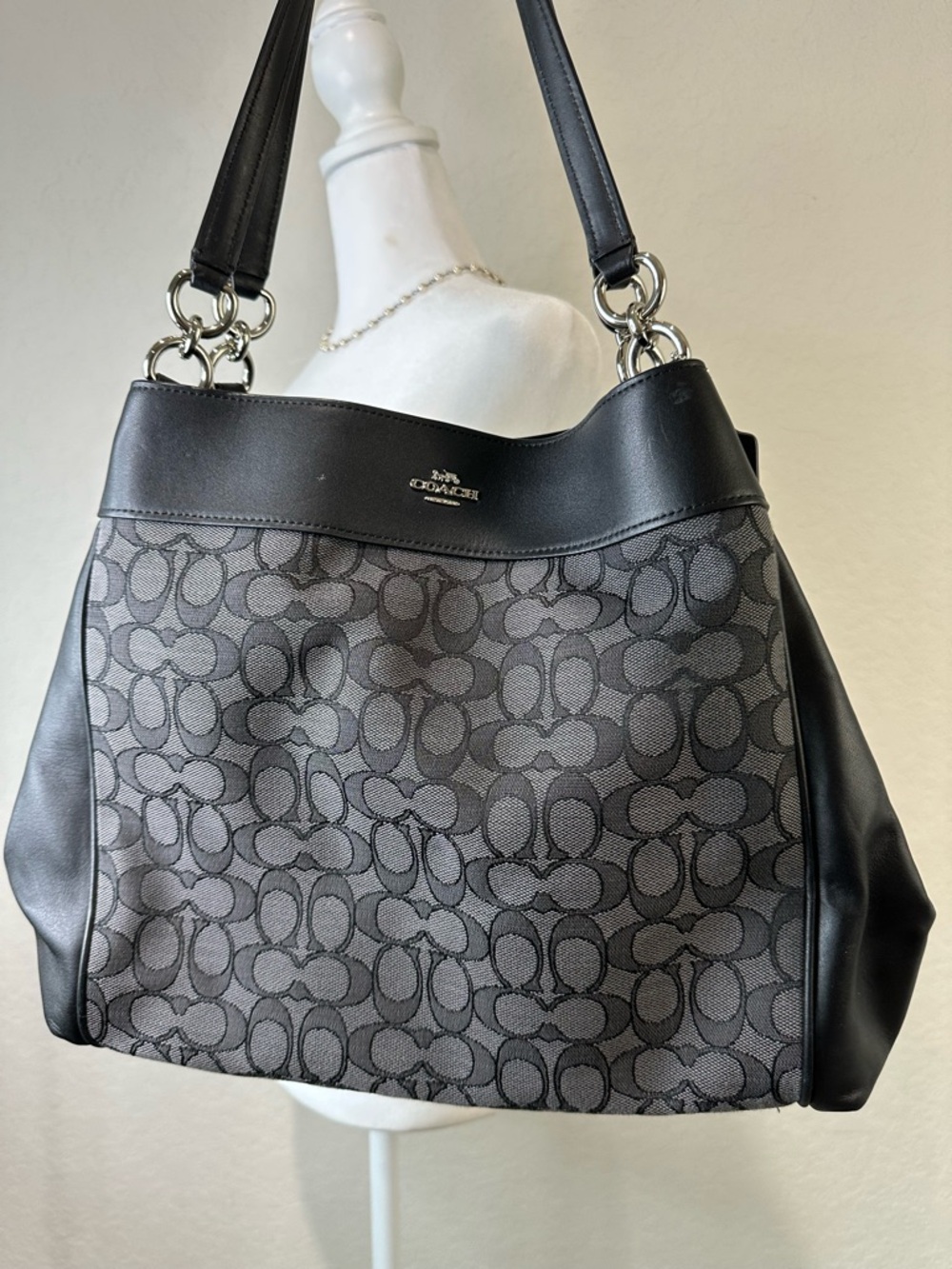 Coach Gray Logo Jacquard Shoulder Bag with Black Trim